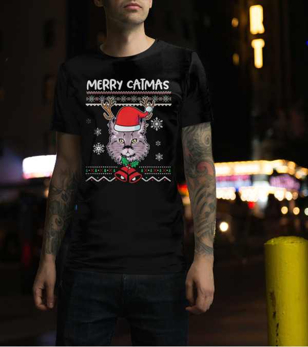 Merry Catmas Funny Christmas Kitten With Santa Hat And Antlers T-Shirt
