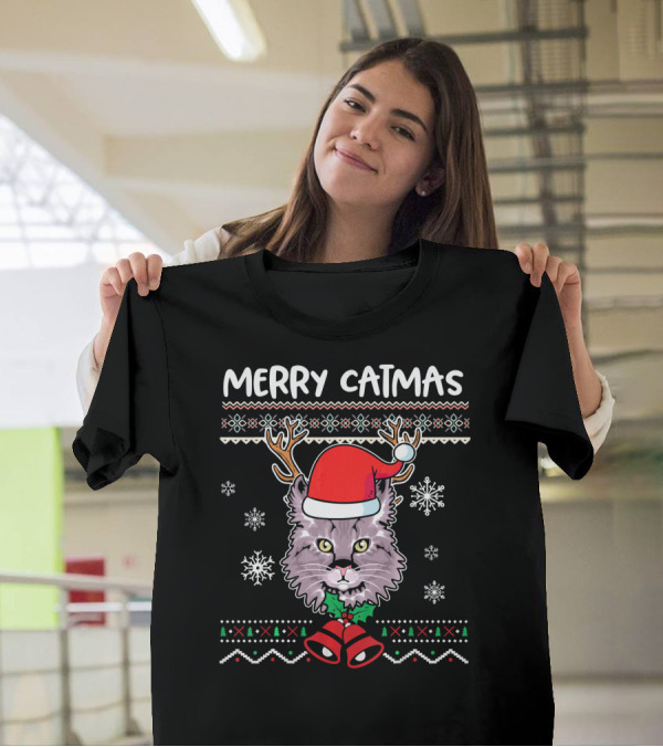 Merry Catmas Funny Christmas Kitten With Santa Hat And Antlers T-Shirt