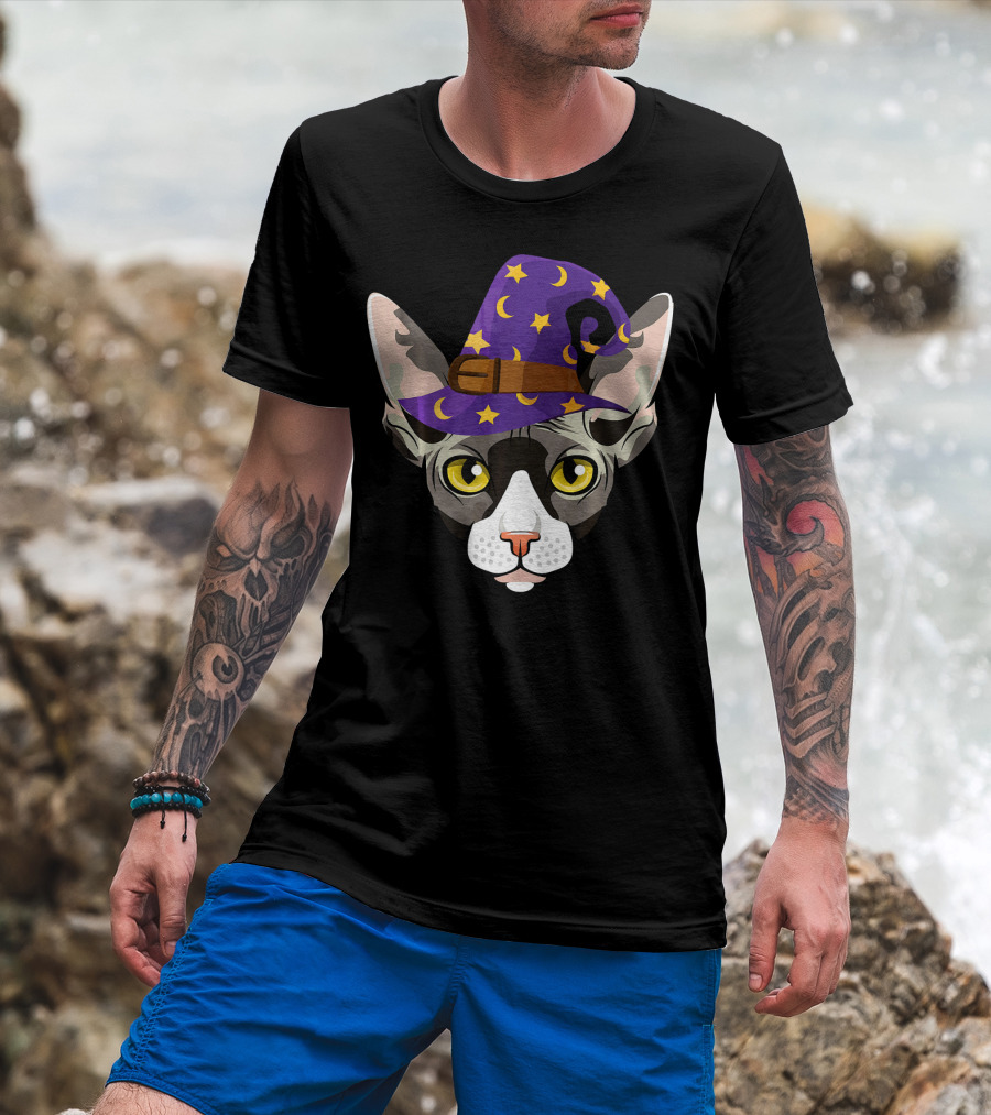 Halloween Sphynx Witch Cat Funny Moon Hat T-Shirt