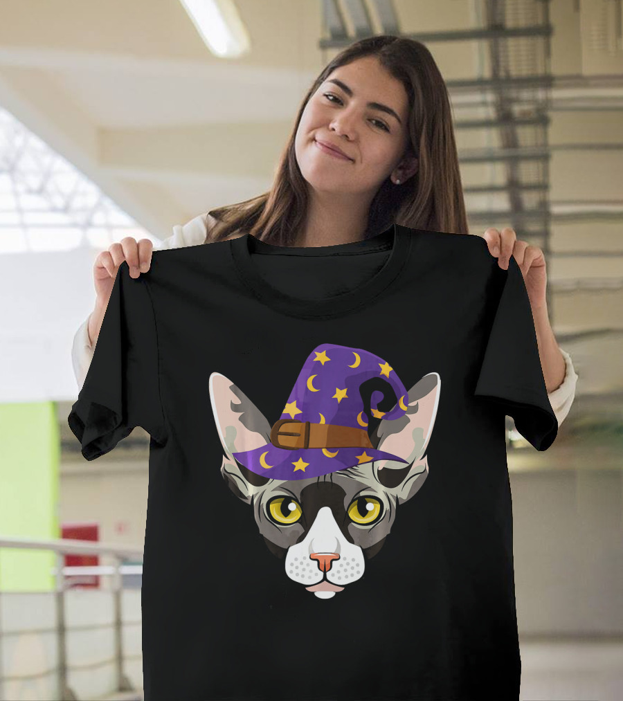 Halloween Sphynx Witch Cat Funny Moon Hat T-Shirt