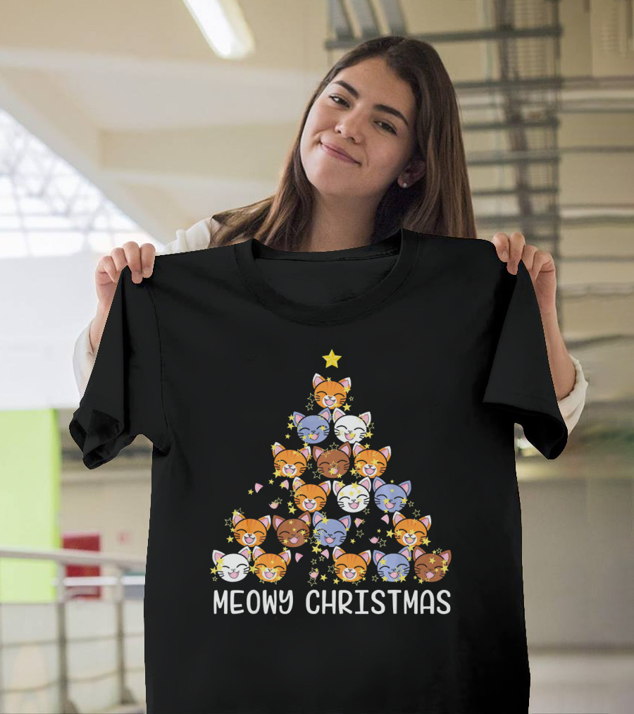 Meowy Christmas Kitten Fir Tree Star Cats T-Shirt