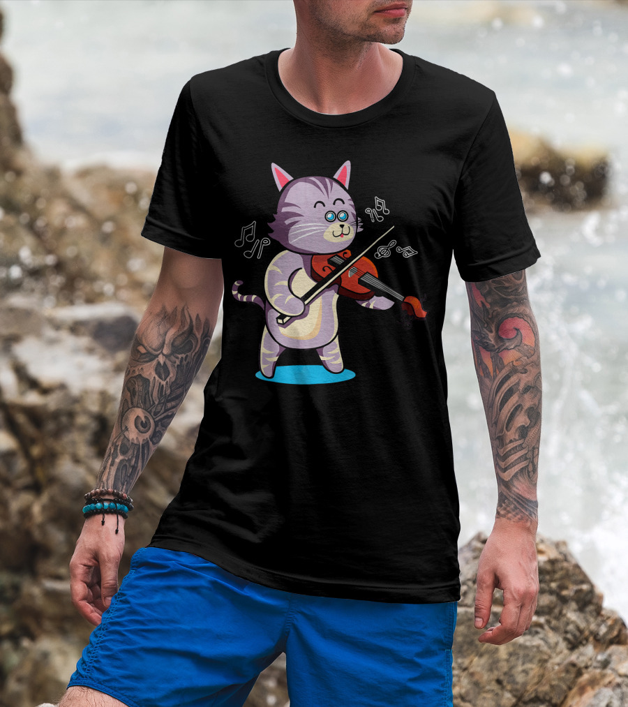 VIOLIN PLAYING COOL GREY CAT WITH MUSICAL NOTES AND BOWTIE T-Shirt