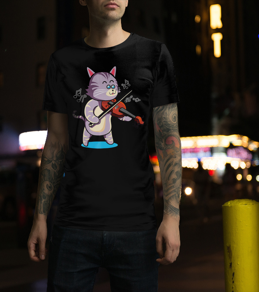 VIOLIN PLAYING COOL GREY CAT WITH MUSICAL NOTES AND BOWTIE T-Shirt