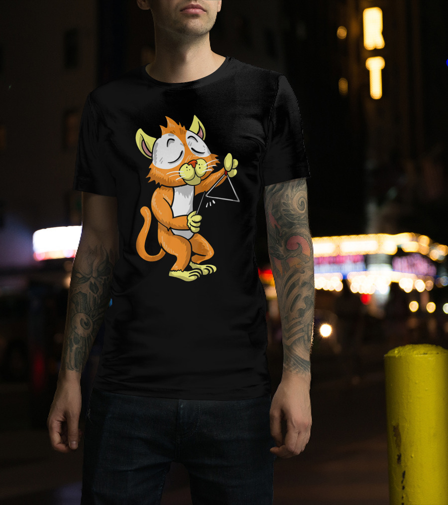 Funny Cat Playing Triangle Cute Kitten Playful Orchestra T-Shirt