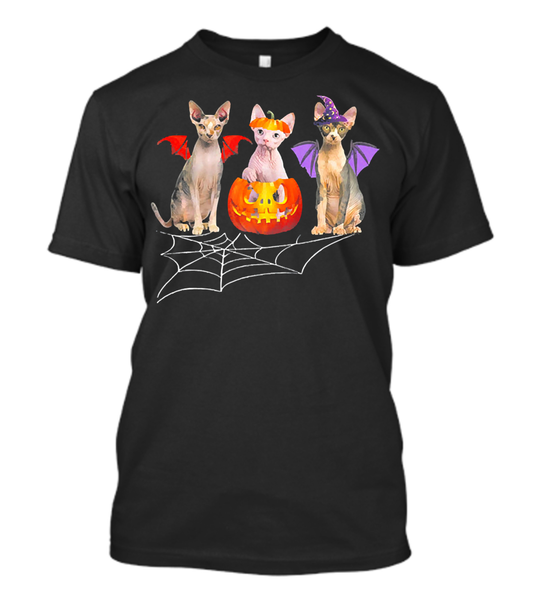Happy Halloween Sphynx Cat Witch Pumpkin With Bat Wings And Spider Web T-Shirt