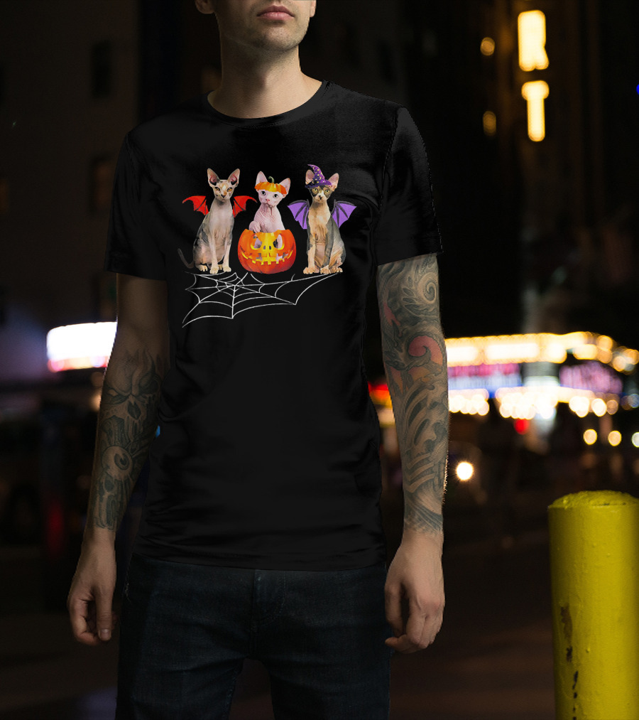 Happy Halloween Sphynx Cat Witch Pumpkin With Bat Wings And Spider Web T-Shirt