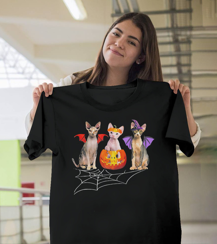 Happy Halloween Sphynx Cat Witch Pumpkin With Bat Wings And Spider Web T-Shirt