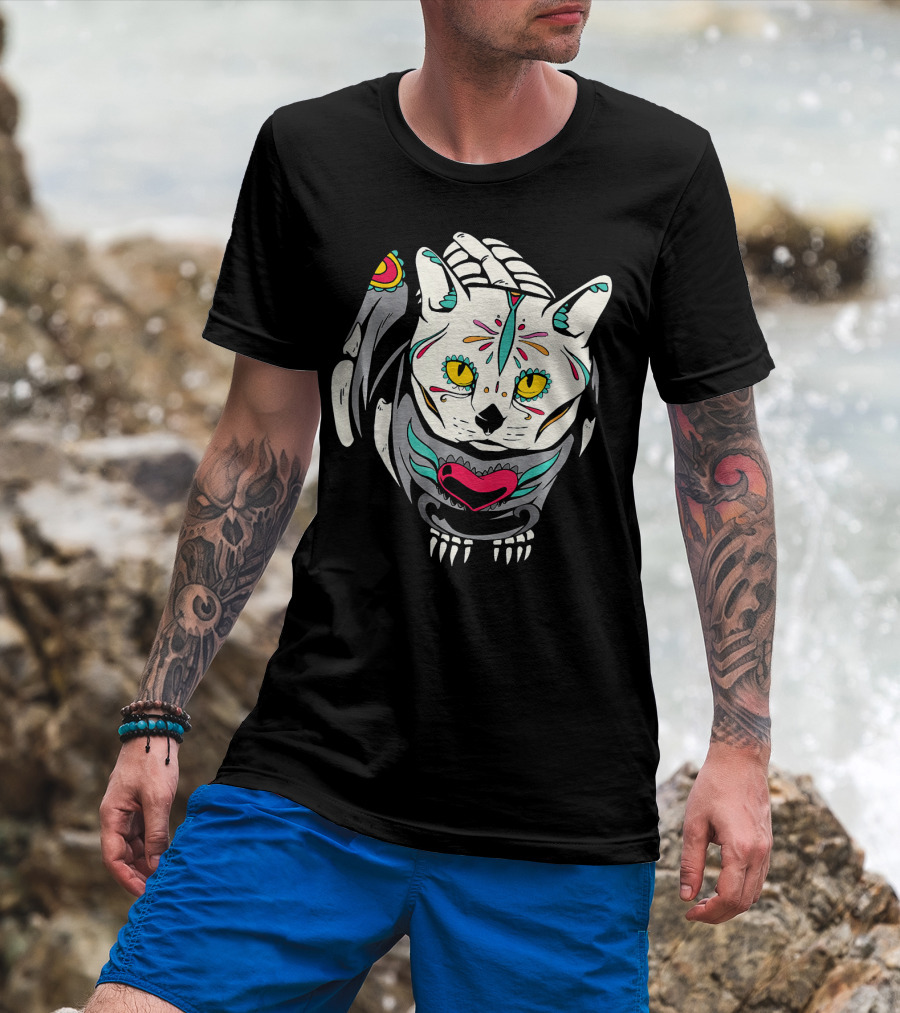 Sugar Skull Cat Kitten Dia De Los Muertos T-Shirt