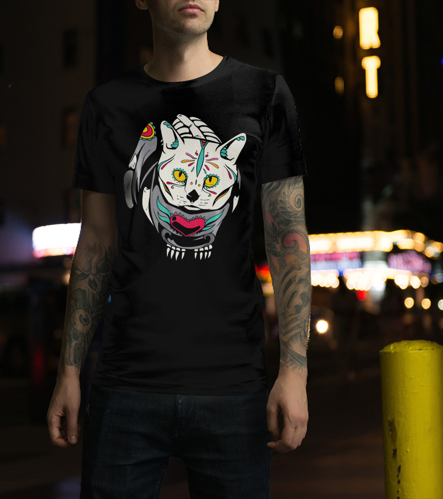 Sugar Skull Cat Kitten Dia De Los Muertos T-Shirt