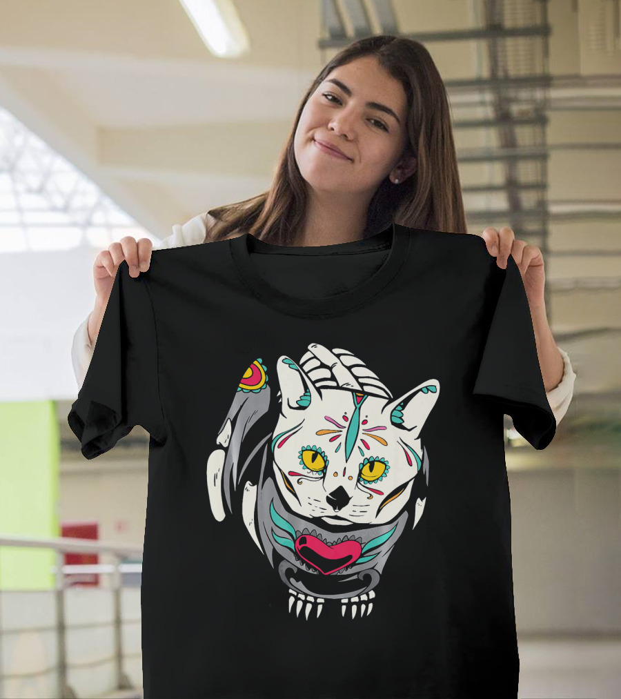 Sugar Skull Cat Kitten Dia De Los Muertos T-Shirt