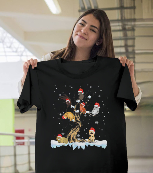 Cats Xmas Tree With Kittens And Snowflakes T-Shirt