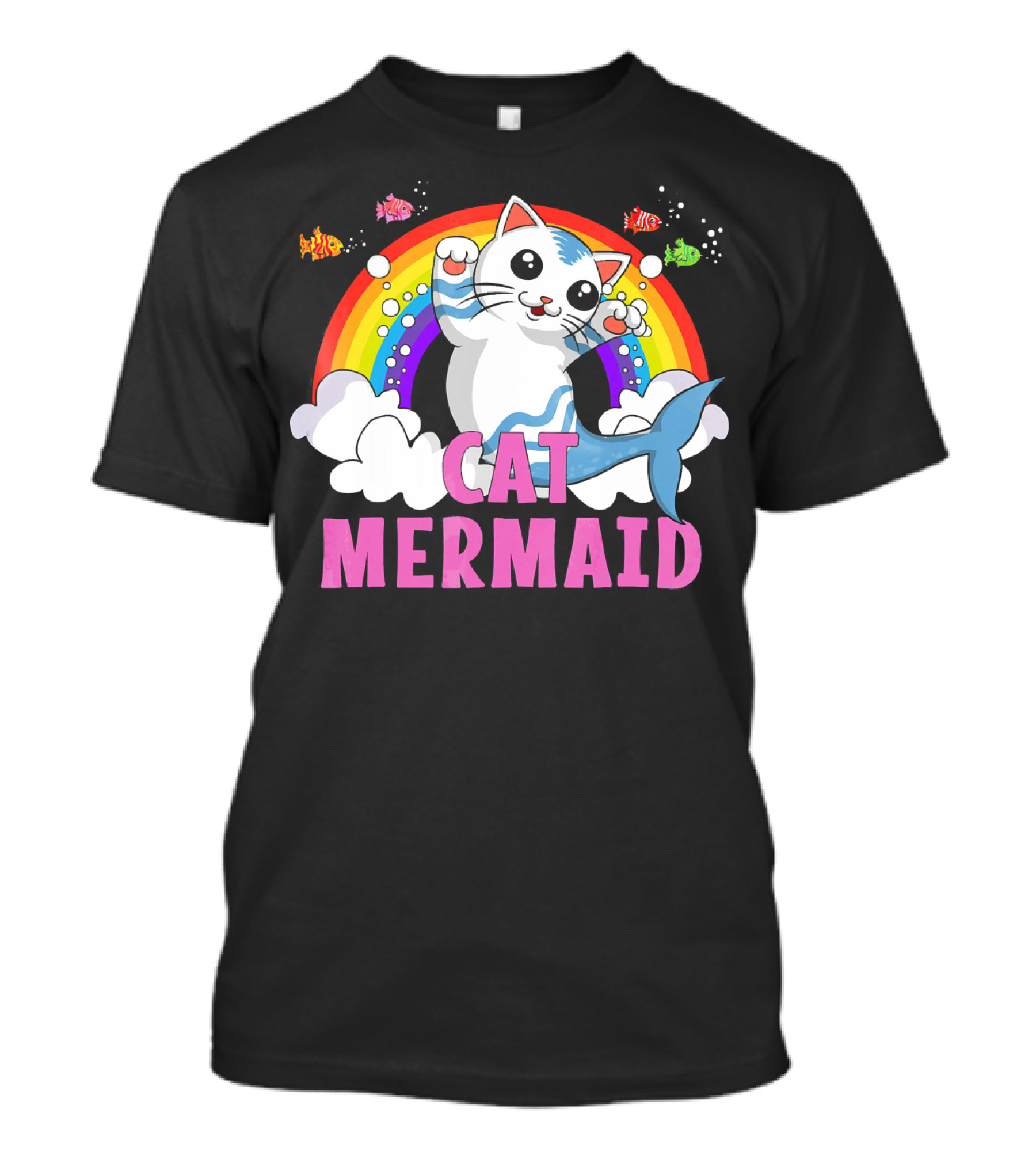 Cute Cat Mermaid With Rainbow And Colorful Fish Ocean Adventure T-Shirt
