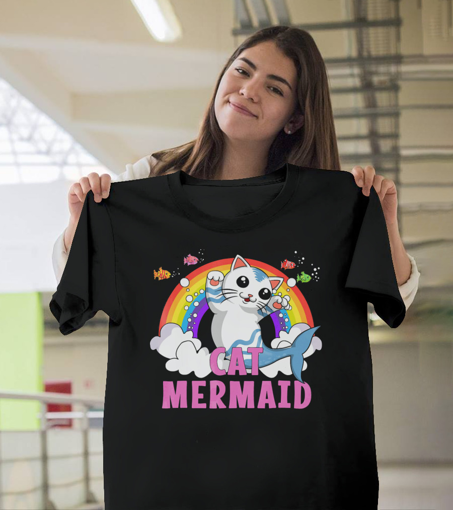 Cute Cat Mermaid With Rainbow And Colorful Fish Ocean Adventure T-Shirt
