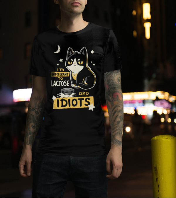 I'm Intolerant To Lactose And Idiots Cat With Moon And Stars T-Shirt