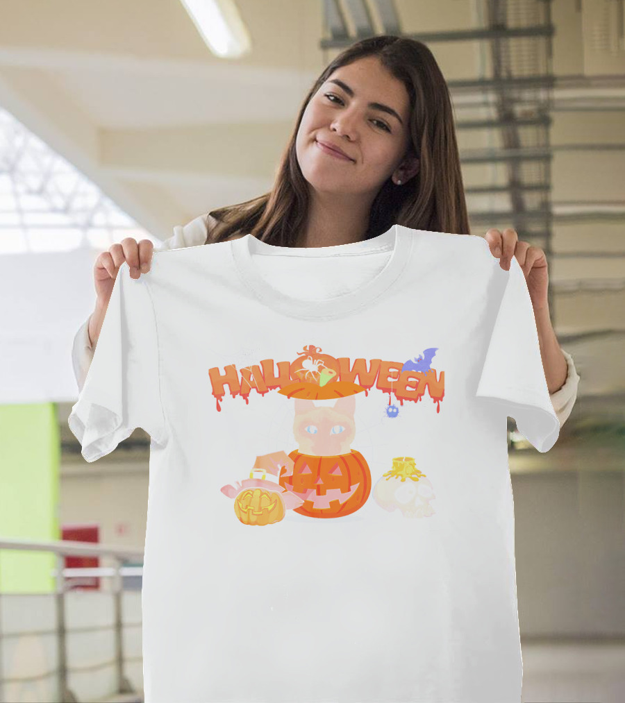 Halloween Siamese Cat Pumpkin Witch Skull Spider Web T-Shirt