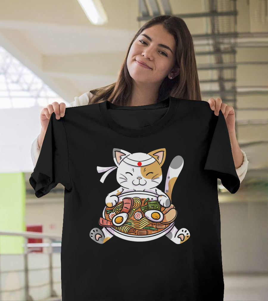 Kawaii Japanese Anime Calico Cat Enjoying Ramen Bowl T-Shirt