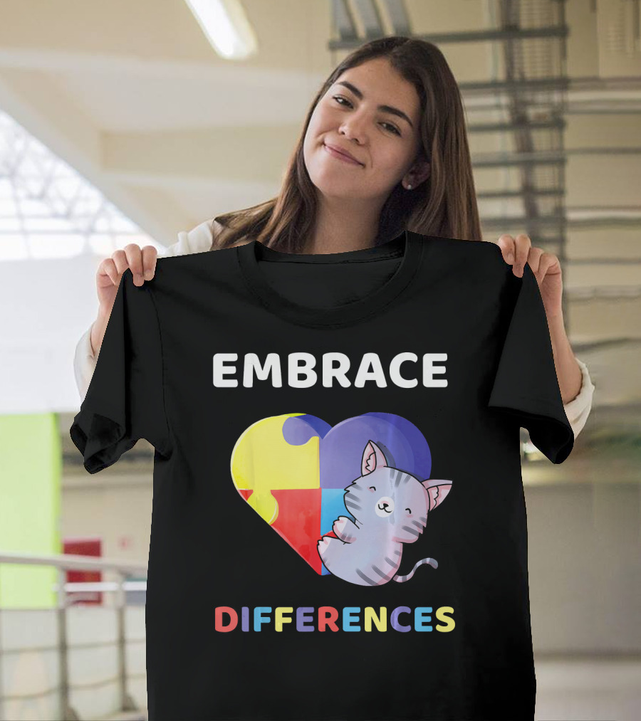 Embrace Differences Autism Awareness Cat Puzzle Heart T-Shirt