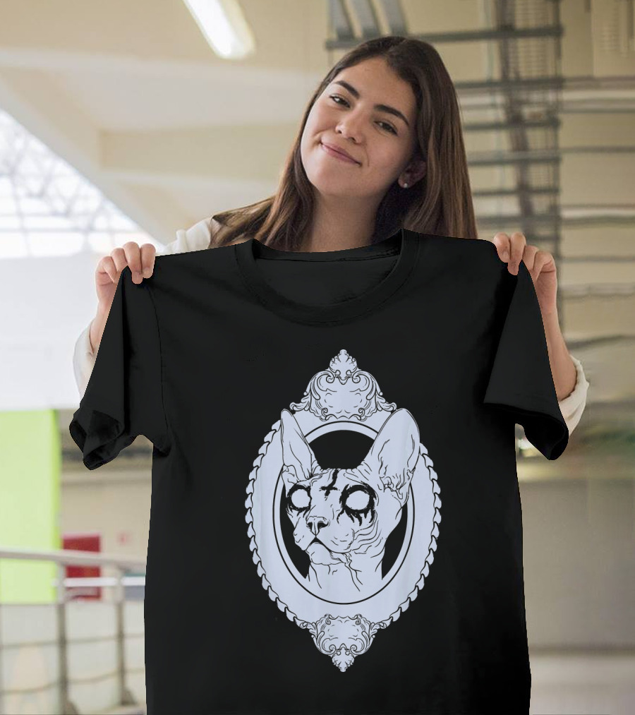 Black Metal Sphynx Cat Pastel Goth Oval Frame T-Shirt