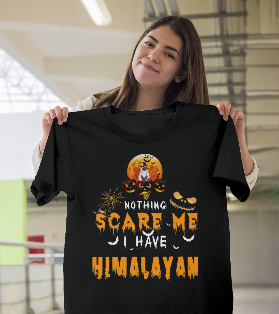 Nothing Scare Me I Have Himalayan Cat Halloween Moon Bats Pumpkins Jack-O'-Lantern Spider Web T-Shirt