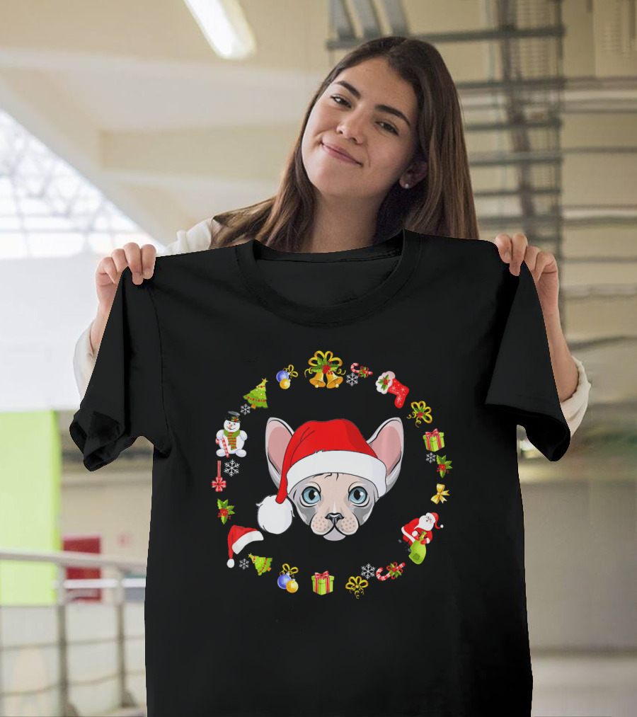 Sphynx Cat Santa Hat Surrounded by Fun Christmas Decorations T-Shirt