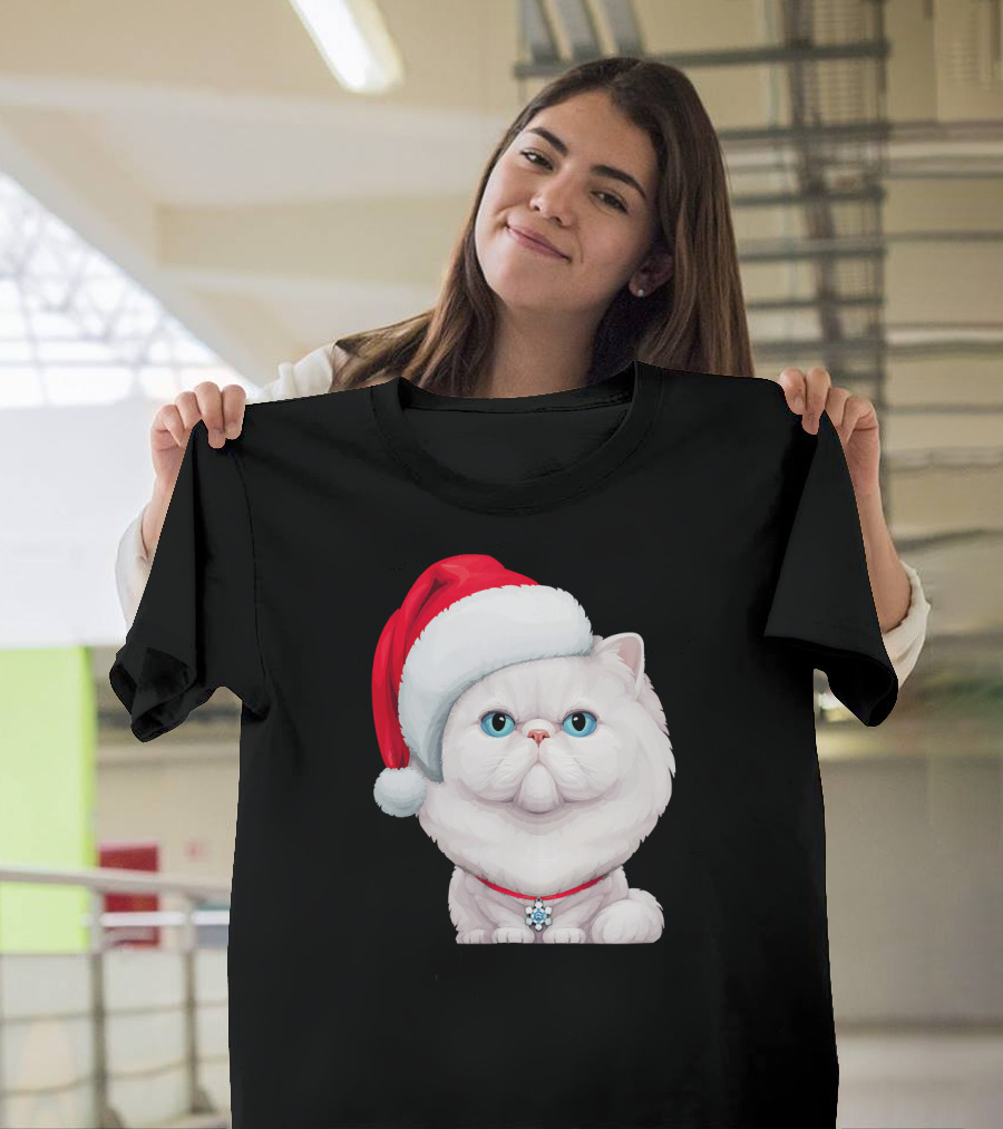 White Persian Cat in Santa Claus Hat Christmas T-Shirt