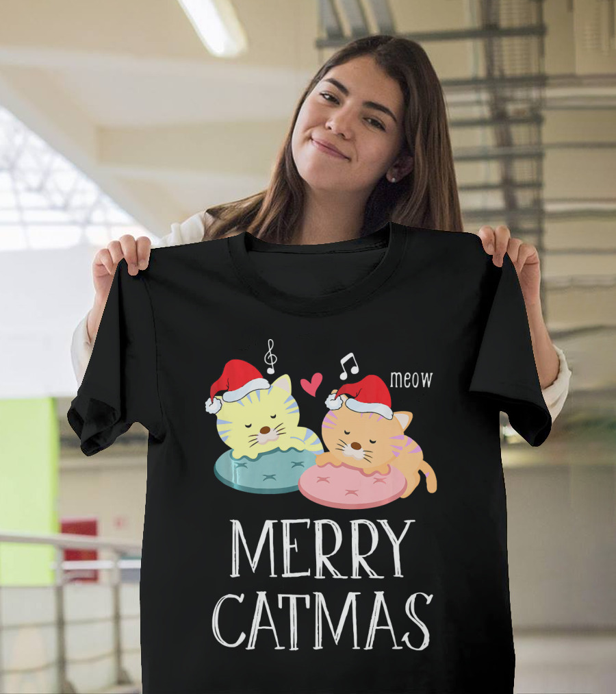 Merry Catmas Meow Cute Kitten Cat Lover Santa Hat Heart Notes T-Shirt