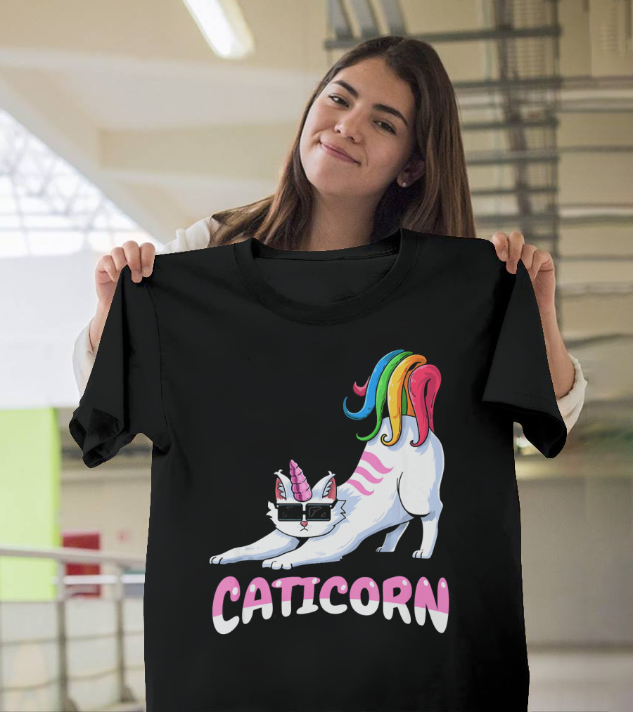 Caticorn Rainbow Unicorn Cat Girls Kitt Stretching with Sunglasses T-Shirt