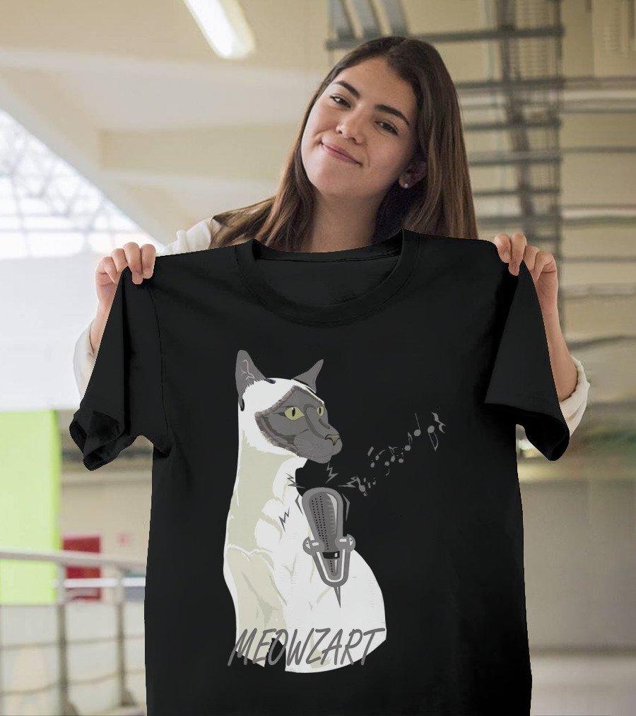 Meowzart Singing Siamese Cat with Microphone and Musical Notes T-Shirt