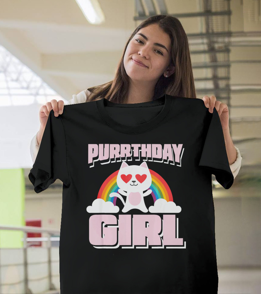 Purrthday Girl Cute Cat with Rainbow and Hearts T-Shirt