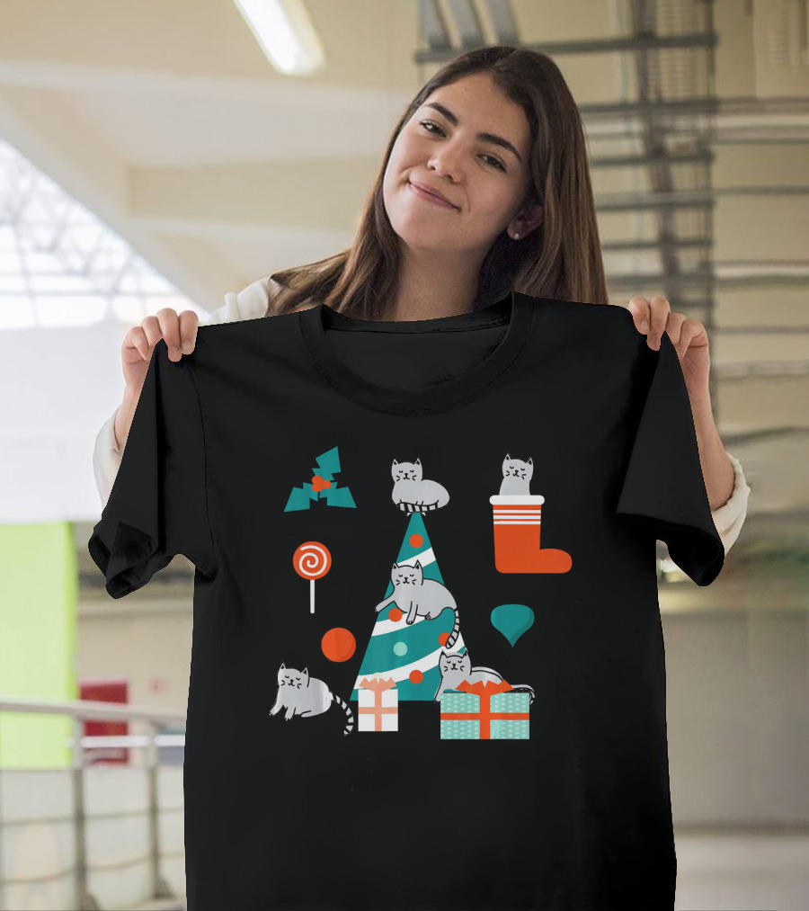 Kitten Christmas Cat HolidayPur Festive Tree Presents Stocking Mistletoe Lollipop T-Shirt