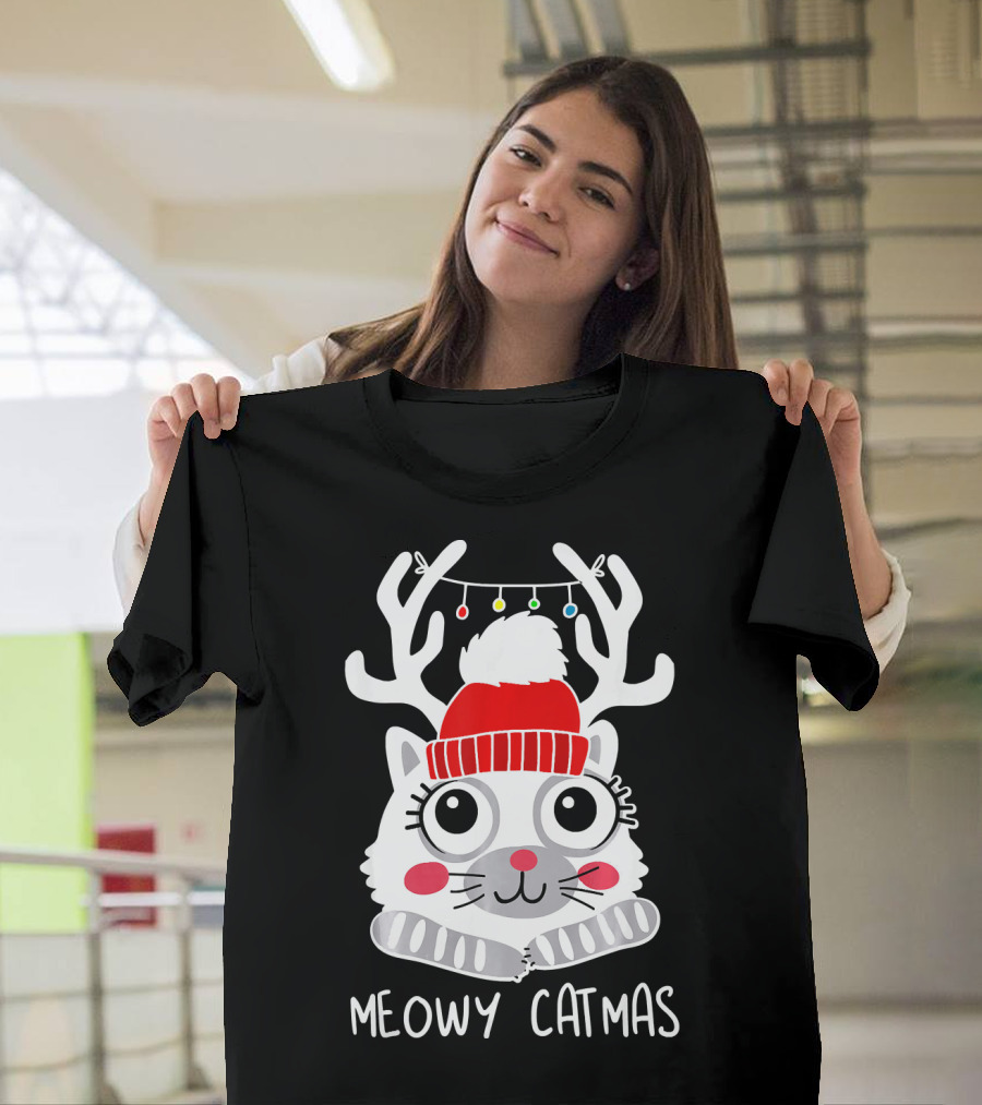 Meowy Catmas Adorable Reindeer Antler Kitten with Festive Lights and Santa Hat T-Shirt