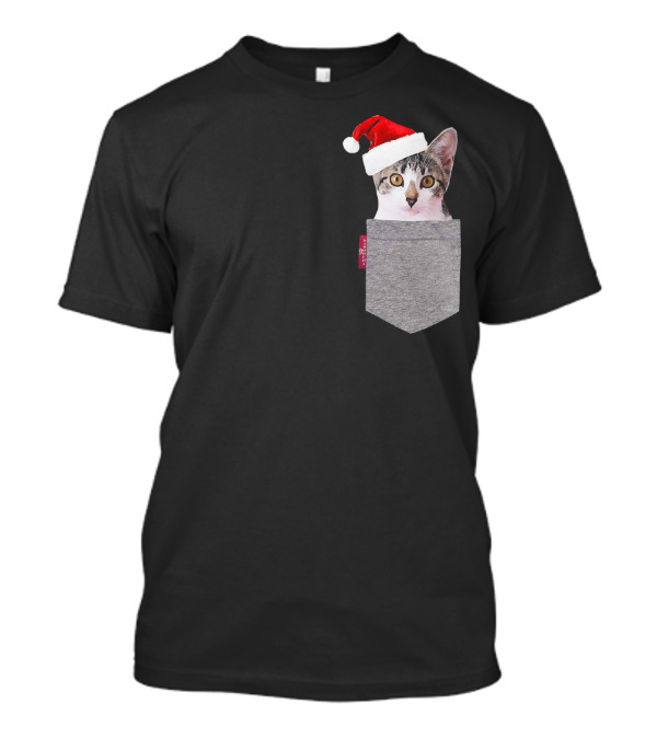 Funny Kitten In A Pocket Cute Cat With Santa Hat T-Shirt