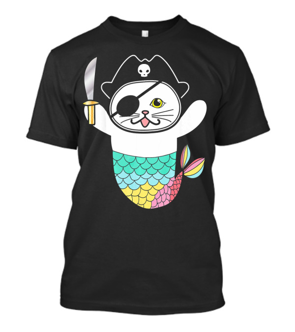Cute Cat Kitten Mermaid Pirate With Eye Patch And Skull Hat Holding Sword T-Shirt