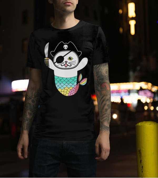 Cute Cat Kitten Mermaid Pirate With Eye Patch And Skull Hat Holding Sword T-Shirt
