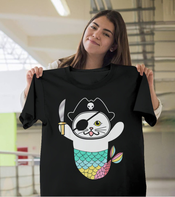 Cute Cat Kitten Mermaid Pirate With Eye Patch And Skull Hat Holding Sword T-Shirt
