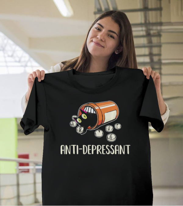 Anti-Depressant Black Cat In Prescription Bottle With Pills T-Shirt