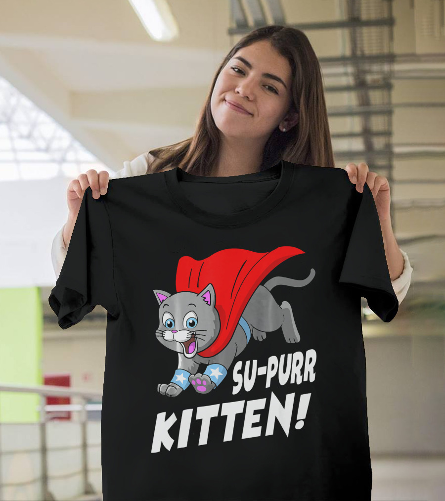 Su-Purr Kitten Funny Hero Cat With Red Cape And Stars T-Shirt
