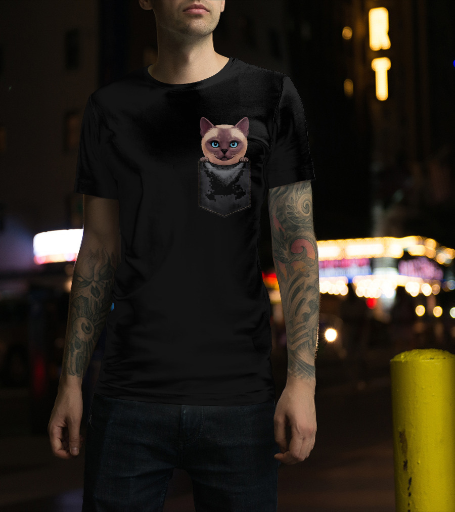 Siamese Cat Peeking From Black Chest Pocket T-Shirt