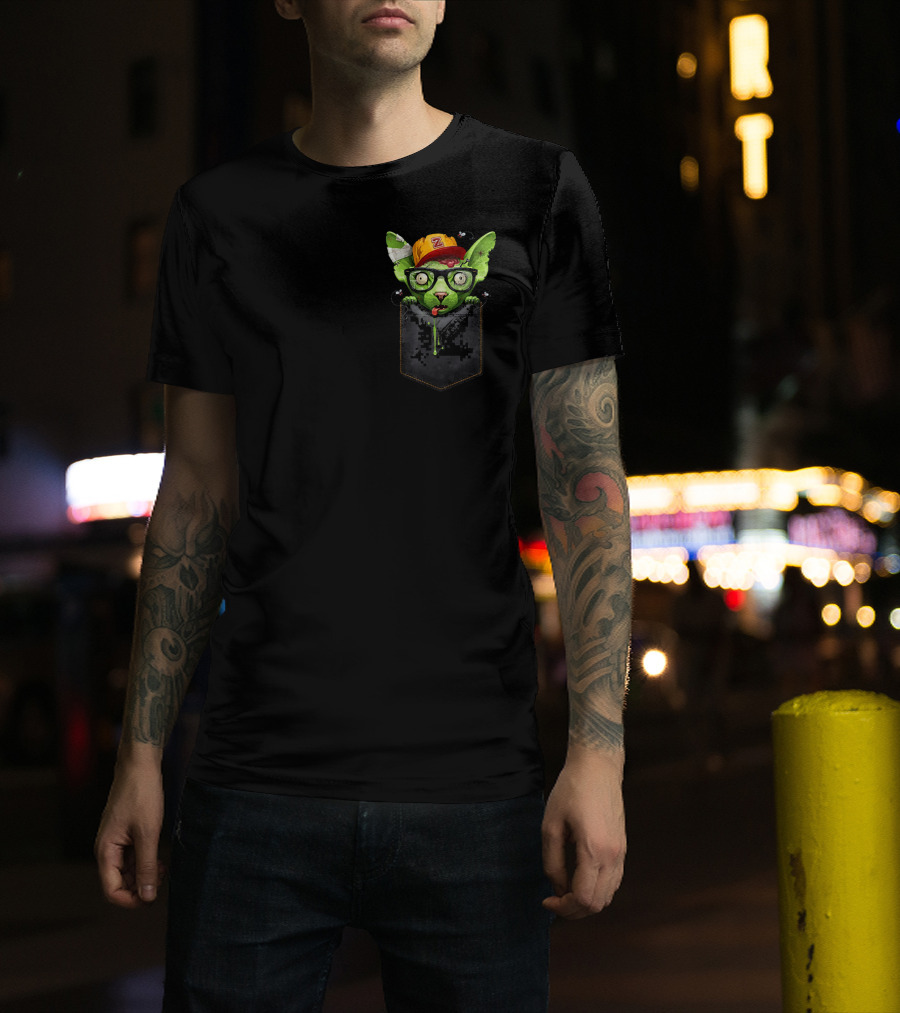 Zombie Sphynx Cat With Glasses And Cap In Pixel Chest Pocket T-Shirt