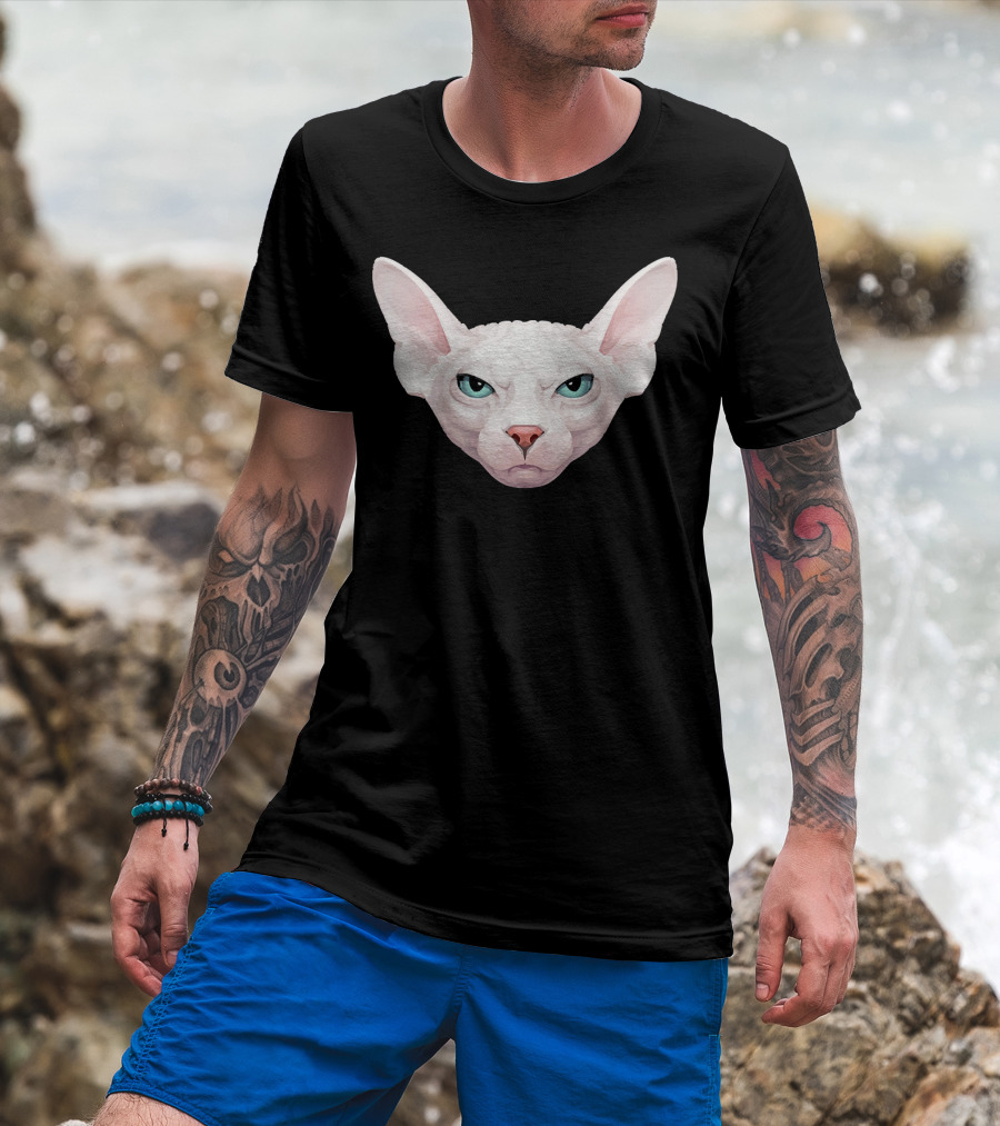 White Sphynx Cat Face With Blue Eyes T-Shirt