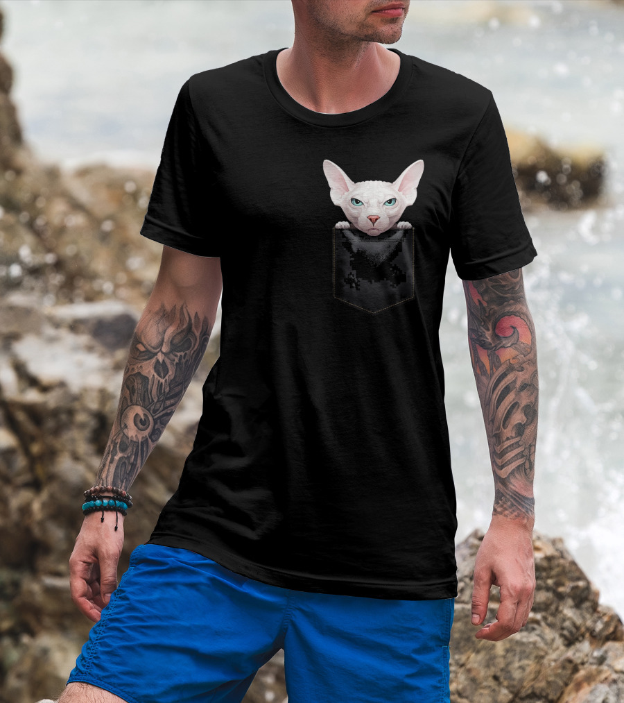 Sphynx Cat Peeking From Pixelated Pocket T-Shirt
