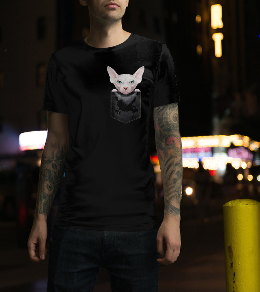 Sphynx Cat Peeking From Pixelated Pocket T-Shirt