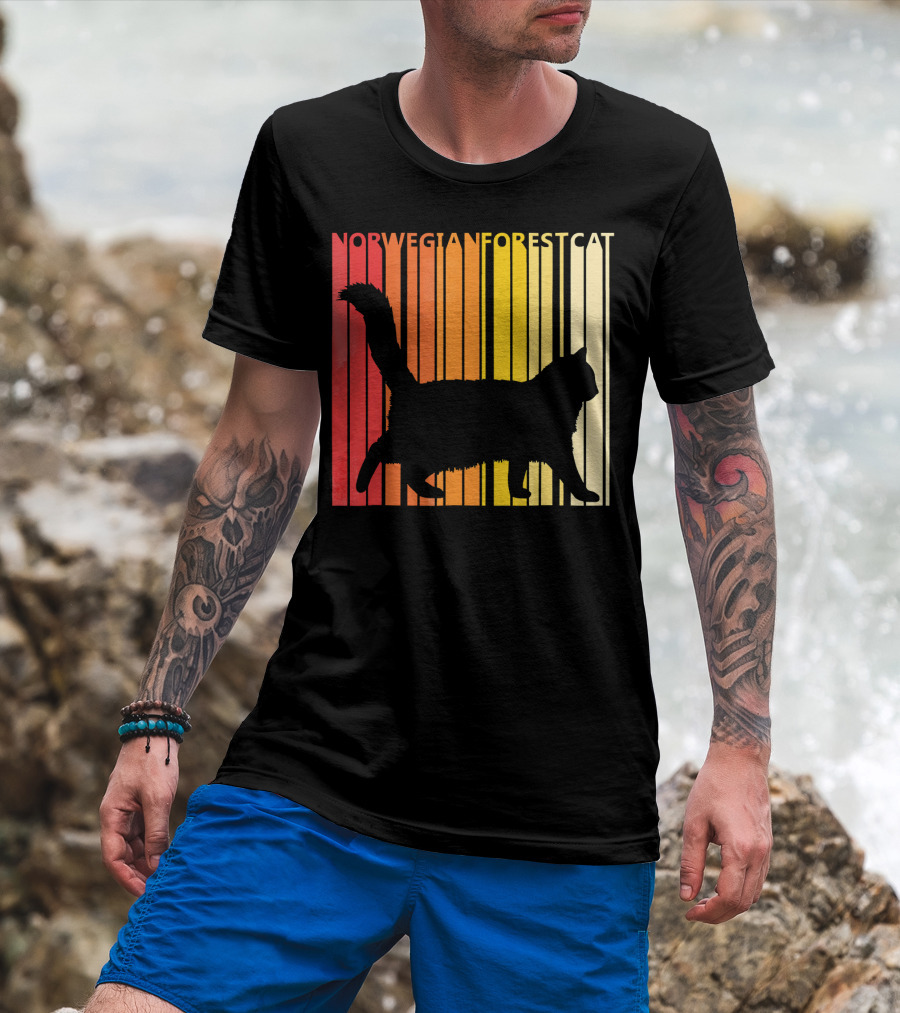 Retro Norwegian Forest Cat Silhouette Vintage Stripes T-Shirt