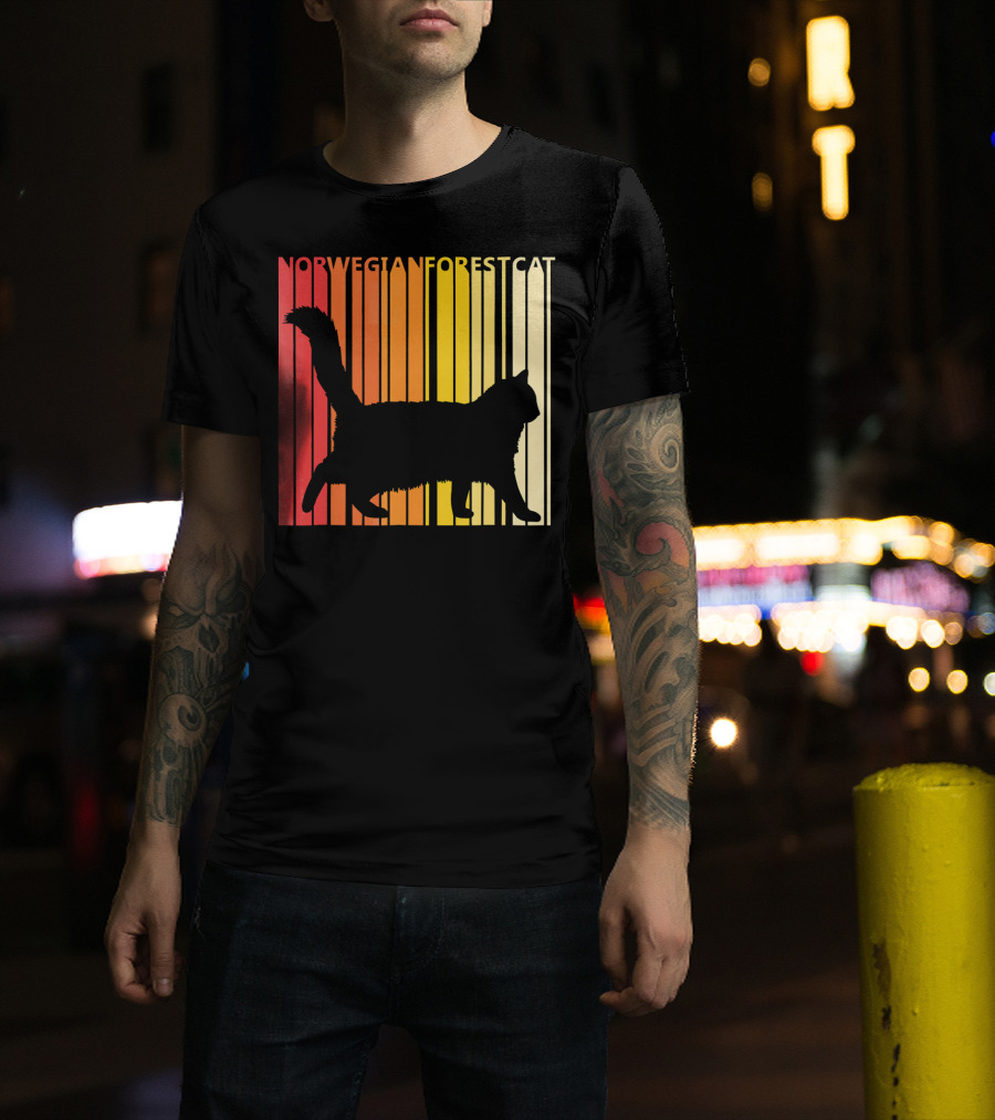 Retro Norwegian Forest Cat Silhouette Vintage Stripes T-Shirt