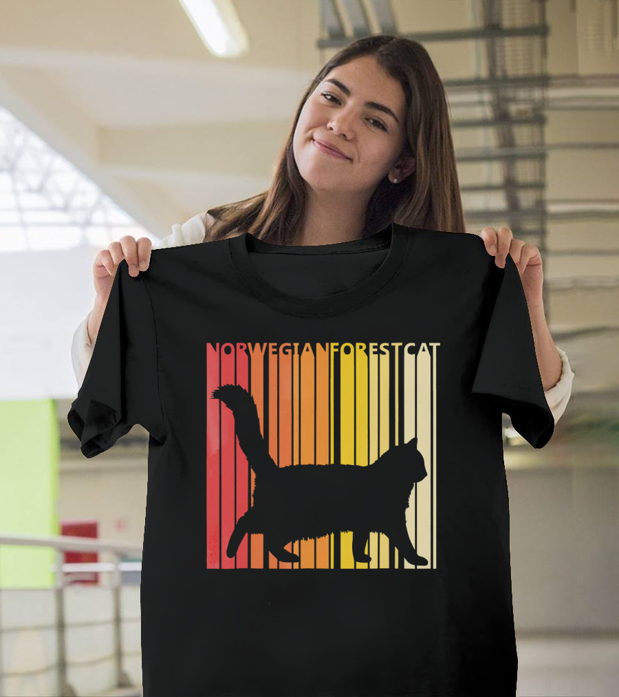 Retro Norwegian Forest Cat Silhouette Vintage Stripes T-Shirt