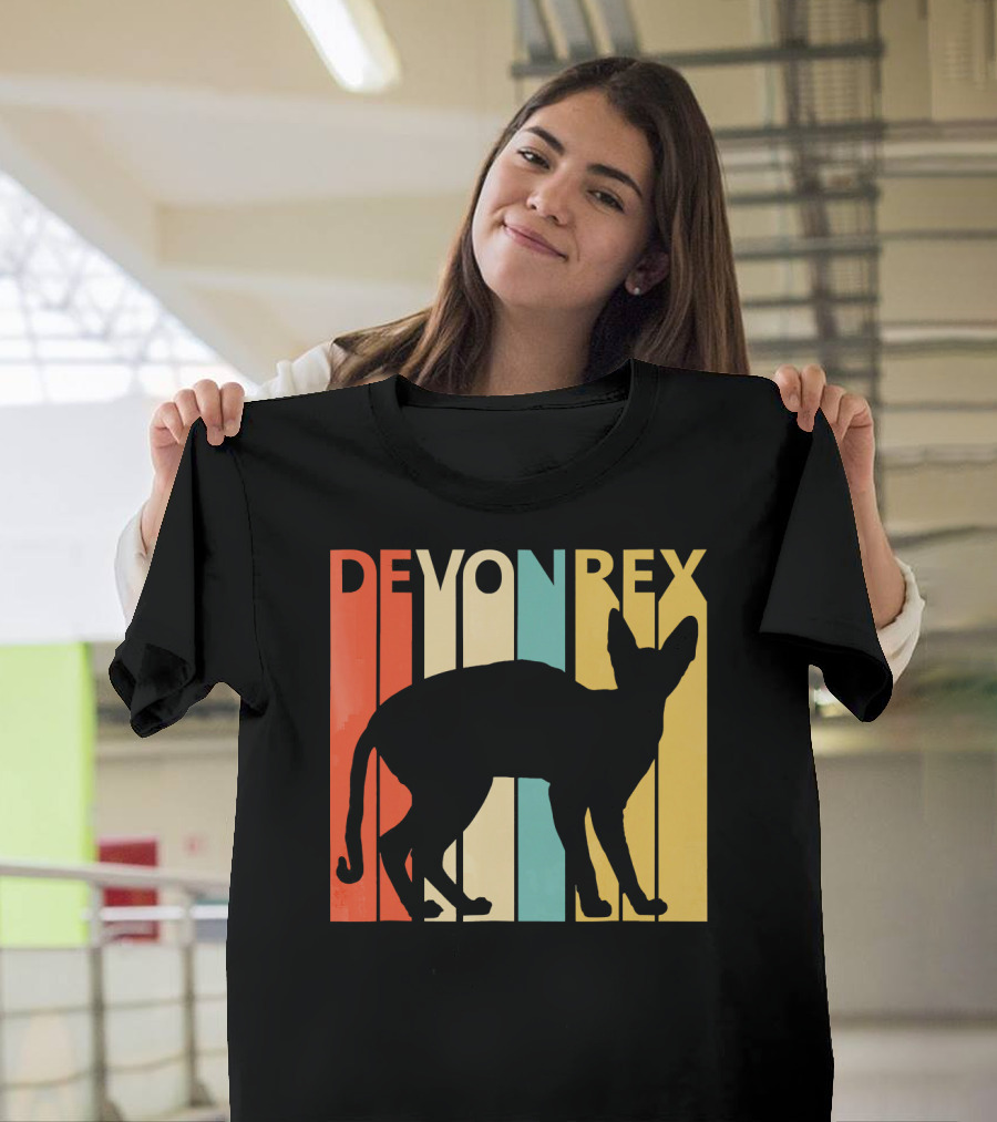 Vintage Devon Rex Cat Silhouette Retro Stripes T-Shirt