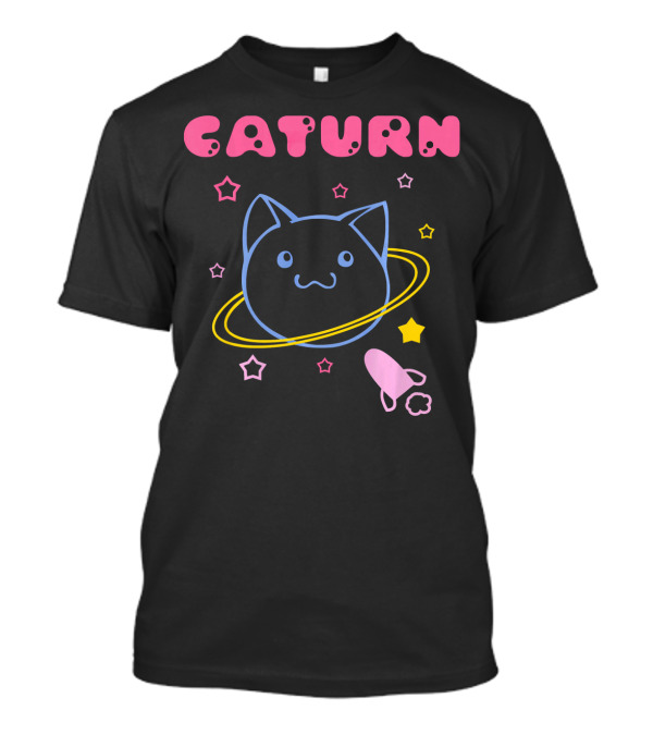 Caturn Cute Kitten Face In Saturn With Stars And Rocket In Space T-Shirt