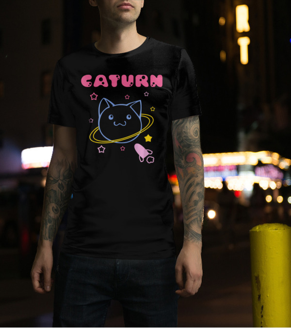 Caturn Cute Kitten Face In Saturn With Stars And Rocket In Space T-Shirt