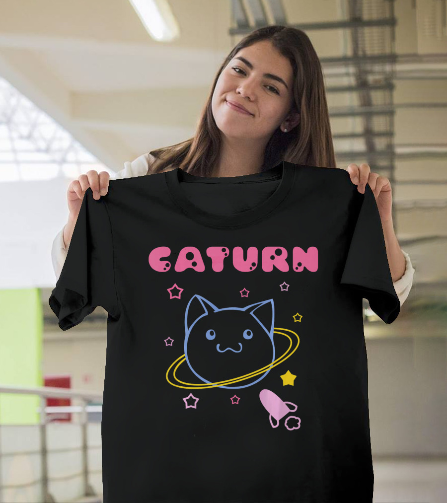 Caturn Cute Kitten Face in Saturn with Stars and Rocket in Space T-Shirt