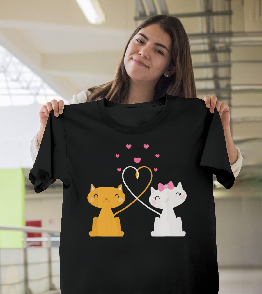 Valentines Day Cat Kitten Couple Heart Whiskers Bow Pink Hearts T-Shirt